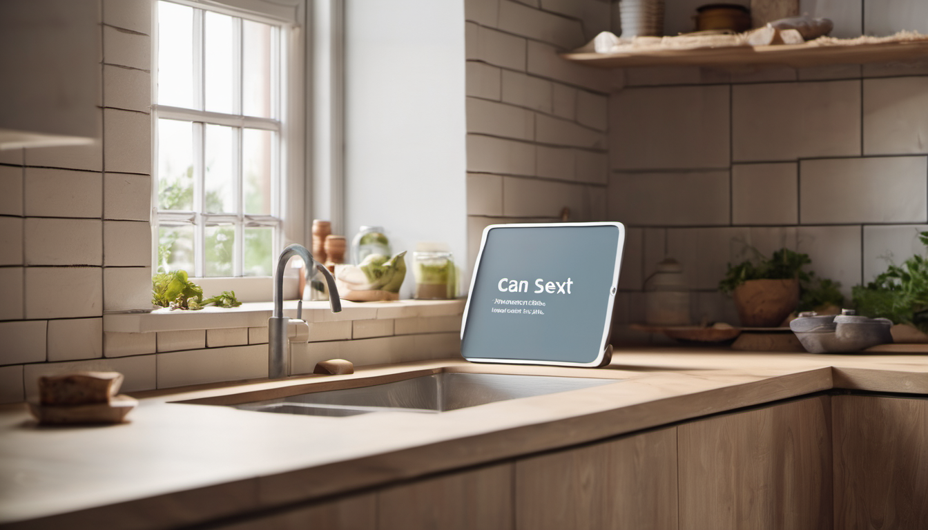 AI-generated image: A tablet is placed on a wooden countertop in a kitchen.