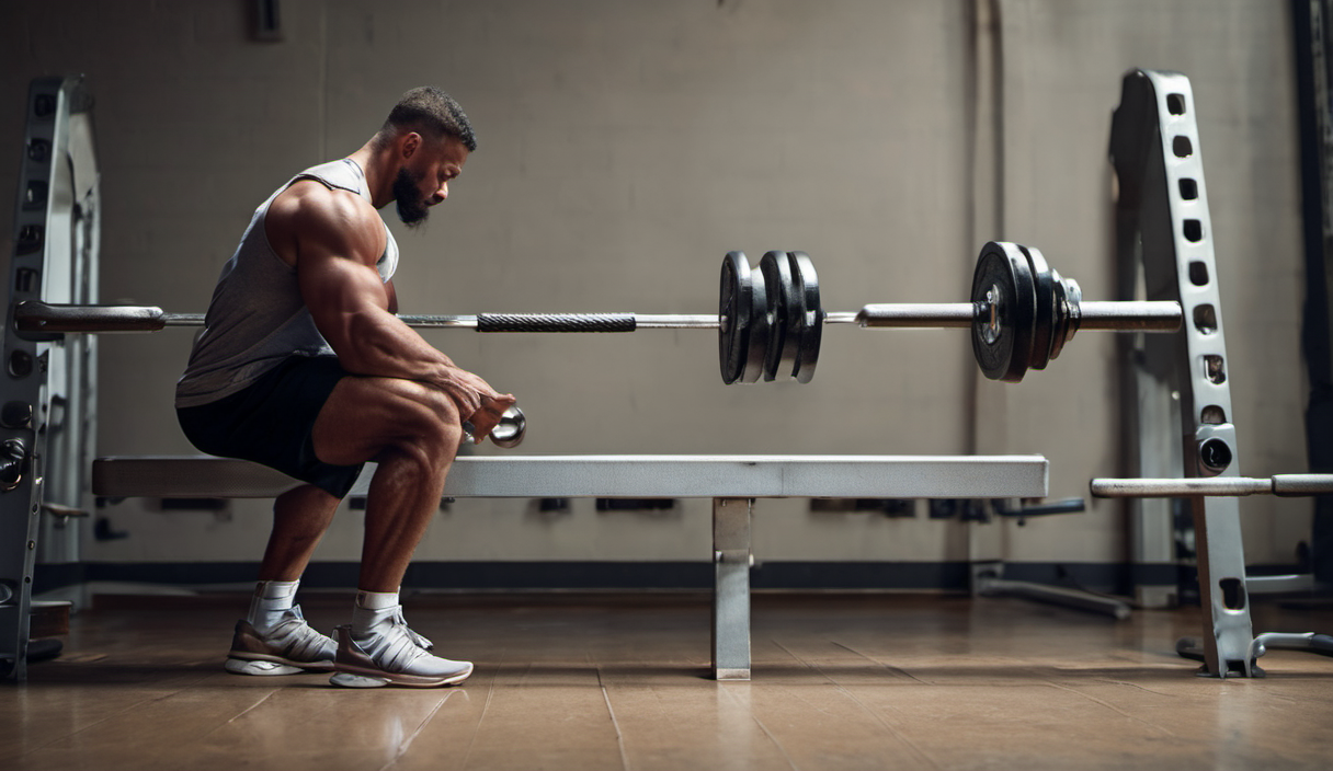 AI-generated image: A muscular man is seated on a weight bench in a gym.