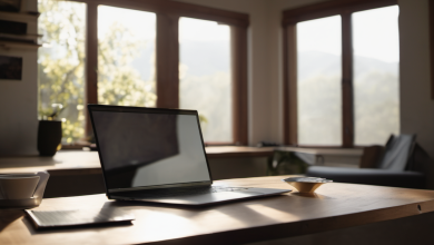 AI-generated image: The main foreground subject is a closed laptop resting on a wooden table.