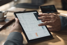AI-generated image: A close-up shot of a man's hands holding and interacting with a tablet.
