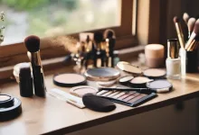 AI-generated image: A close-up photograph shows a wooden table with various makeup items and brushes arranged on it.