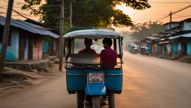 AI-generated image: The main foreground subject is a blue three-wheeled vehicle, likely a tuk-tuk or auto rickshaw, with a small canopy.