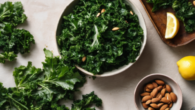 AI-generated image: A top-down view of a table with a bowl of chopped kale, almonds, a lemon, and a lemon half.