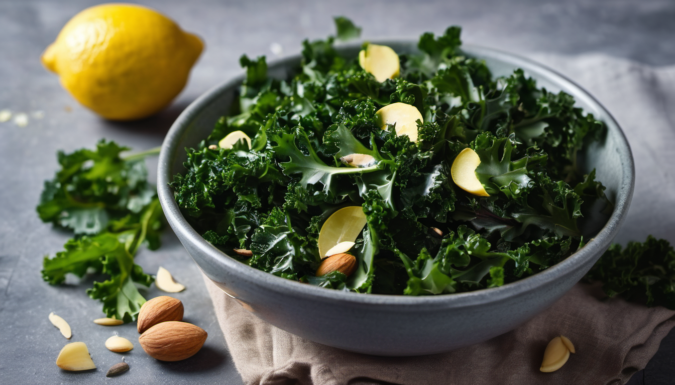 AI-generated image: A gray ceramic bowl filled with dark green kale leaves.
