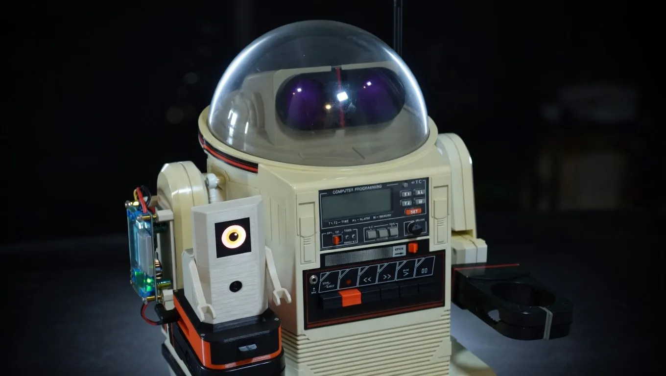 Tomy Omnibot with Ring-O companion robot mounted on an arm, OLED eye glowing