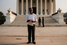 AI-generated image: The image shows a man standing in the foreground on a paved area.