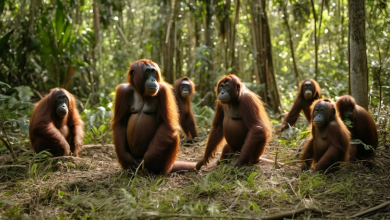 AI-generated image: The image shows a group of orangutans sitting on the ground in a dense forest.