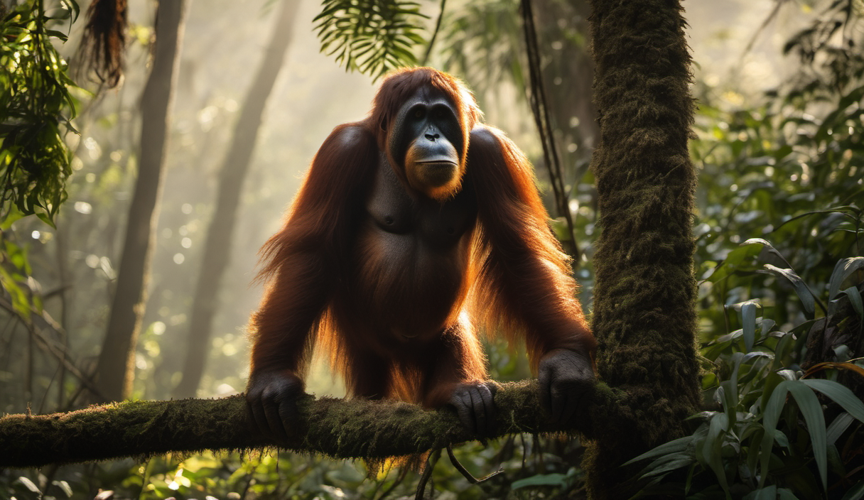 AI-generated image: A large, reddish-brown orangutan is perched on a thick, moss-covered branch in a dense jungle environment.