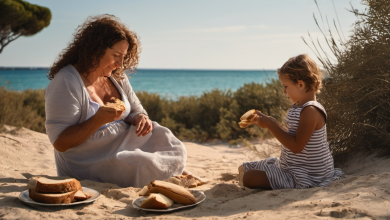AI-generated image: A woman and a young girl are sitting on a sandy beach.