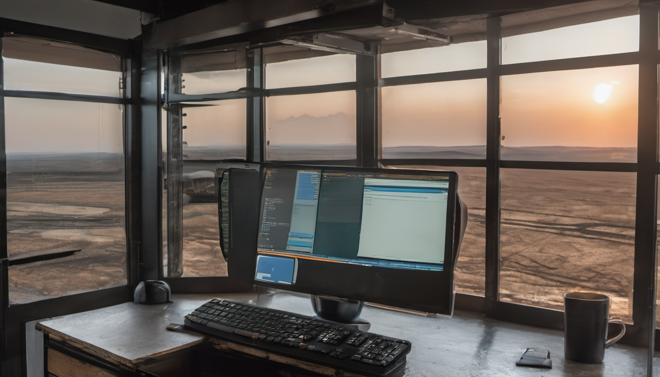 AI-generated image: A dark, modern office space with a large window offering a panoramic view of a desert landscape at sunset.