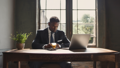 AI-generated image: A man wearing a black suit, white shirt, and a black tie is seated at a large wooden table.