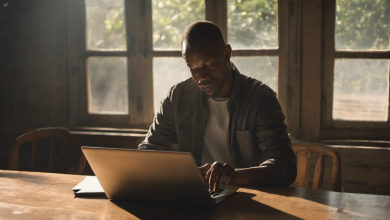 AI-generated image: A man is sitting at a wooden table, working on a laptop.