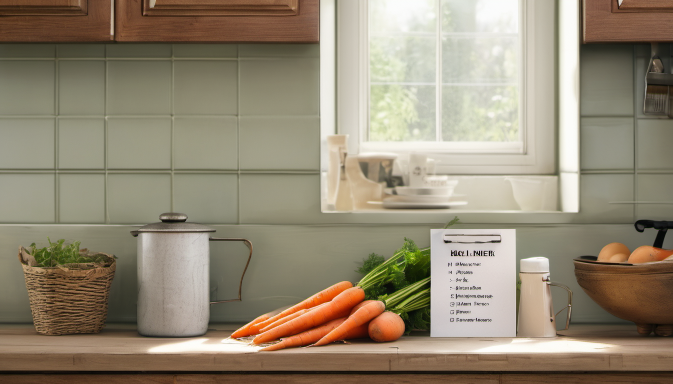 AI-generated image: A kitchen countertop with fresh carrots, a basket of herbs, a stainless steel pitcher with a lid, a white tiled backsplash, a window with a view of greenery, and a wooden cutting.