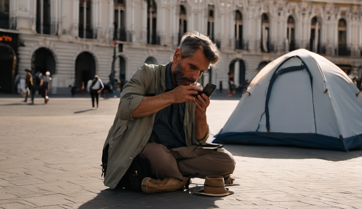 AI-generated image: A middle-aged man with gray hair is kneeling on a paved surface, using a smartphone.