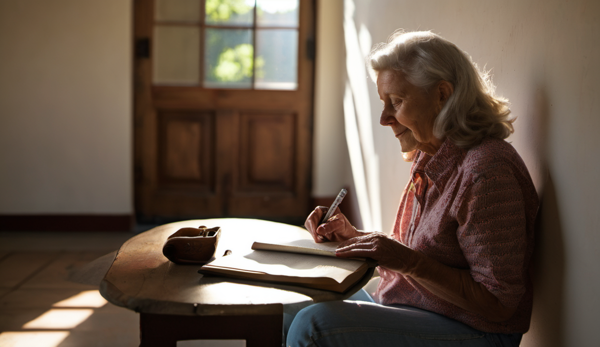 AI-generated image: An elderly woman with gray hair is sitting on a wooden table.
