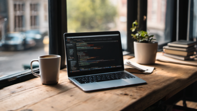AI-generated image: A wooden table with a laptop displaying code, a coffee mug, a potted plant, and several books.
