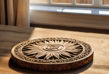 AI-generated image: A circular wooden tray with a detailed relief carving of a sun-like design in the center.