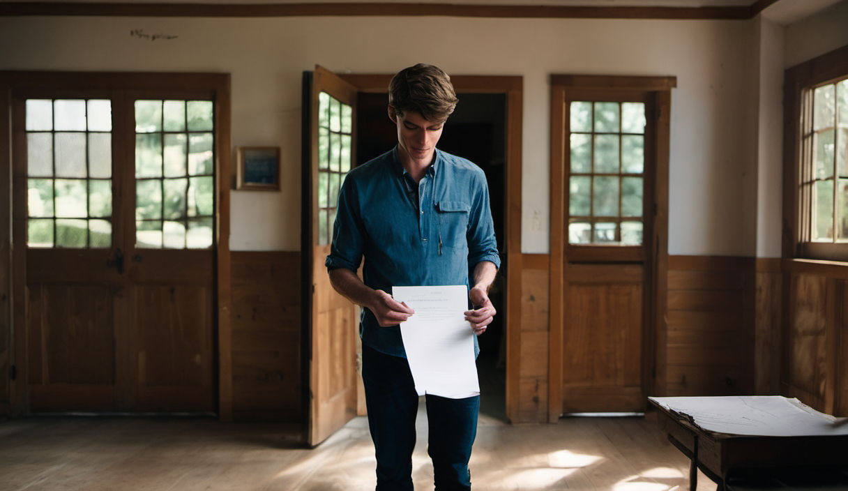 AI-generated image: A young man is standing in a room with wooden doors and windows.