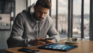 AI-generated image: A man is sitting at a wooden table, wearing a gray hoodie.