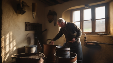 AI-generated image: The image shows an elderly man wearing a gray shirt and apron, standing in a room with a window.