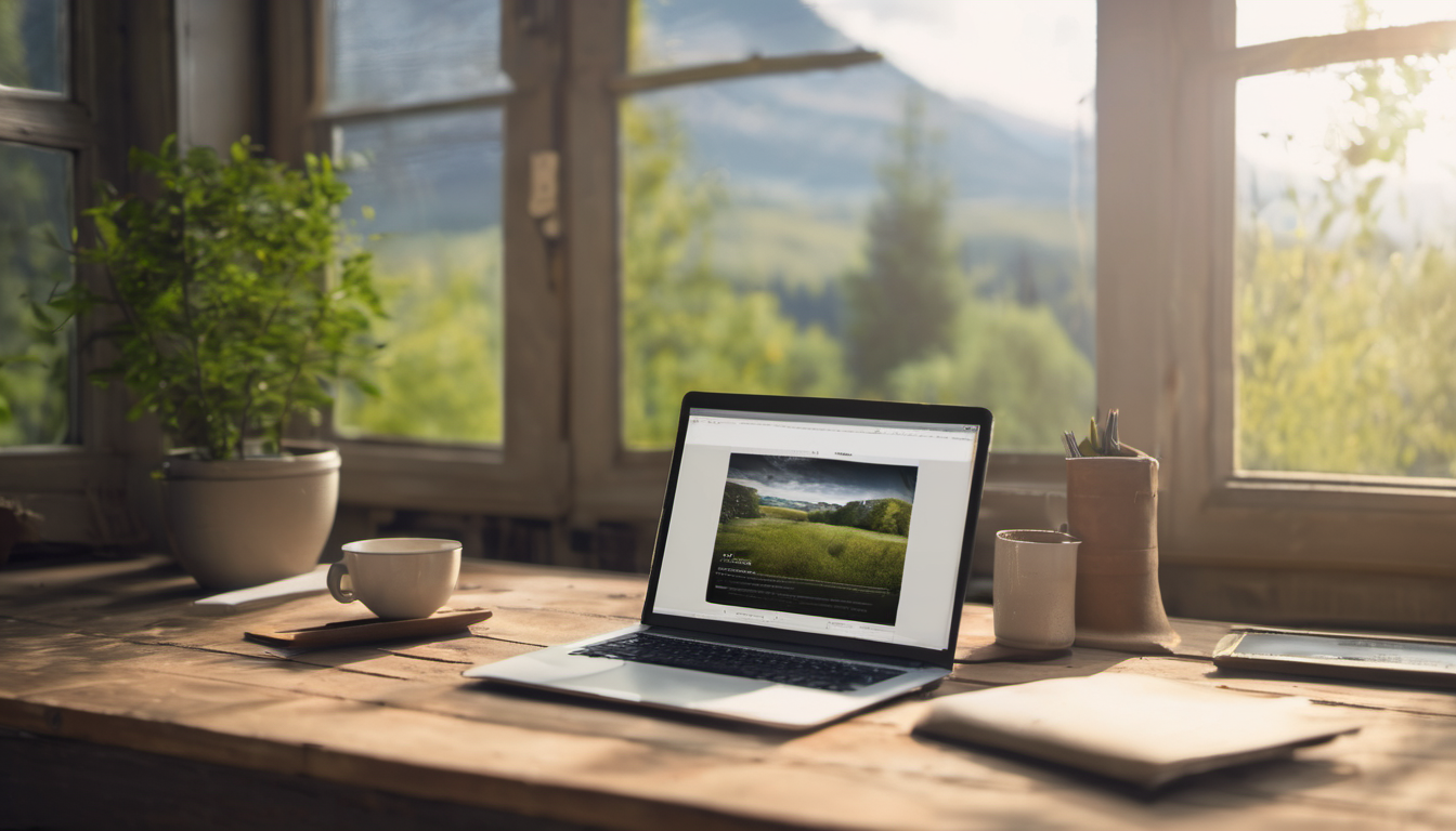 AI-generated image: A wooden desk with a laptop displaying a landscape image on a website.