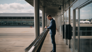 AI-generated image: A man is standing in an airport terminal.