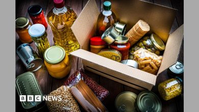 Assortment of food items including oils, pasta and dried foods