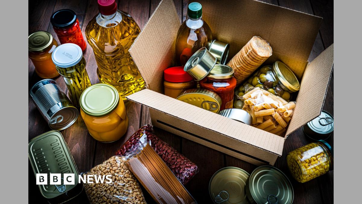 Assortment of food items including oils, pasta and dried foods