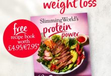 Text reads 'Power up your weight loss'. 'free recipe book'. Image of Slimming World's Protein Power recipe book. free recipe book worth £4.96/€7.95* *offer…