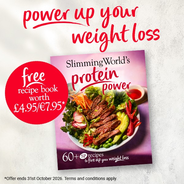 Text reads 'Power up your weight loss'. 'free recipe book'. Image of Slimming World's Protein Power recipe book. free recipe book worth £4.96/€7.95* *offer…