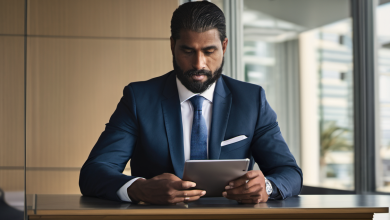 AI-generated image: A man is sitting at a wooden table in an office.