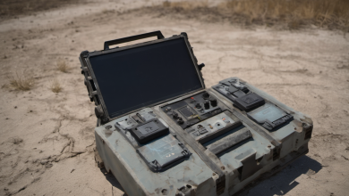 AI-generated image: A partially open, gray, ruggedized electronic case is the main subject.
