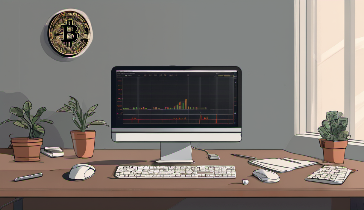 AI-generated image: The image shows a desk with a computer monitor displaying a graph with red bars.