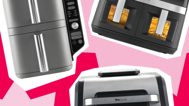 Selection of three air fryers featured in Good Food's best air fryers guide, shown in a collage against a bright pink and red background.