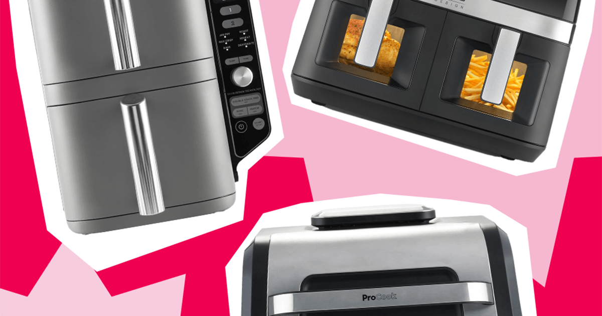 Selection of three air fryers featured in Good Food's best air fryers guide, shown in a collage against a bright pink and red background.