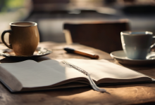 AI-generated image: A wooden table with an open notebook and a pen.