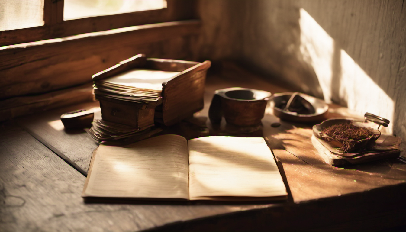 AI-generated image: A wooden table with a partially open, aged book in the foreground.