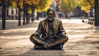 AI-generated image: A bronze statue of a man seated in a lotus position, wearing a suit and tie, with a beard.