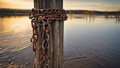 AI-generated image: A weathered wooden post is prominently featured in the foreground, heavily wrapped with rusted chains.