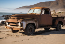 AI-generated image: A heavily rusted, vintage pickup truck is parked on a sandy beach.