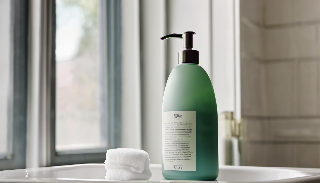 AI-generated image: A green pump bottle of liquid soap is the main foreground subject.