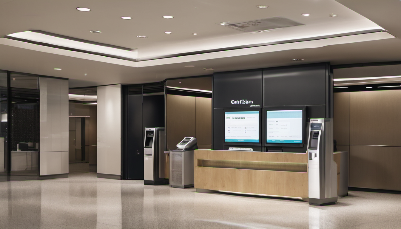 AI-generated image: The main foreground subject is a modern bank teller station with a dark gray countertop and a wooden front panel.