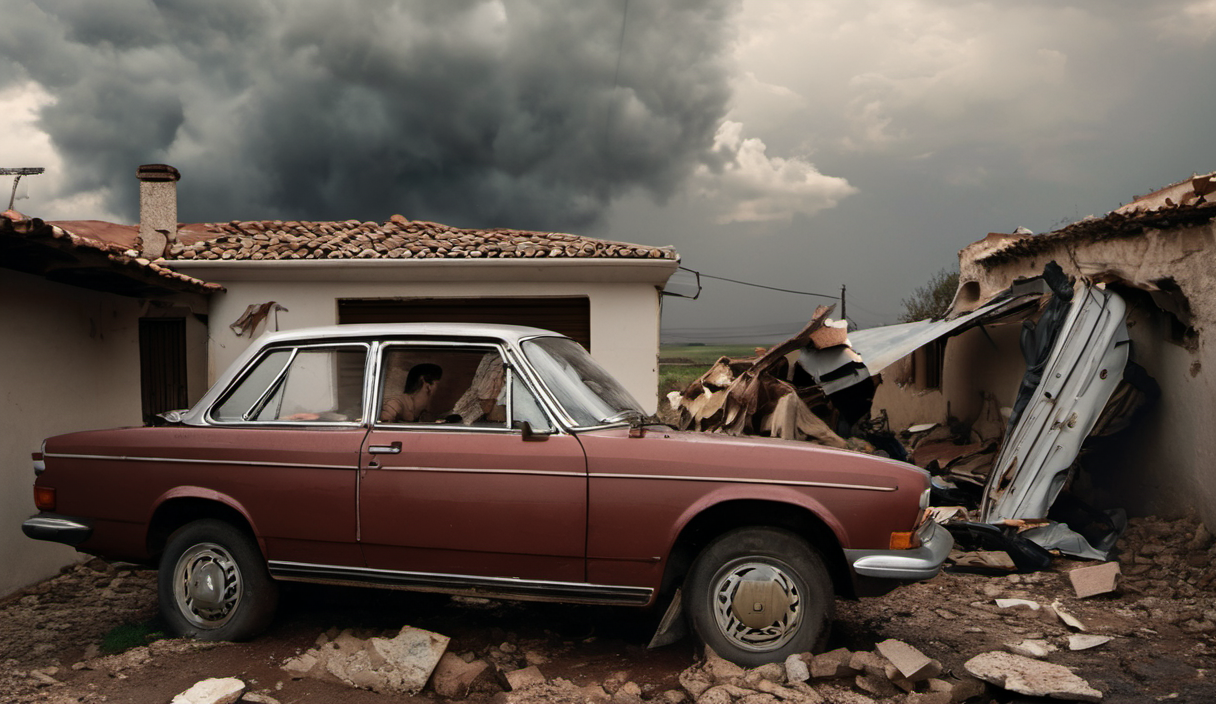 AI-generated image: The main foreground subject is a brown sedan car.
