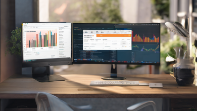 AI-generated image: A wooden desk with two computer monitors, a keyboard, and a mouse.