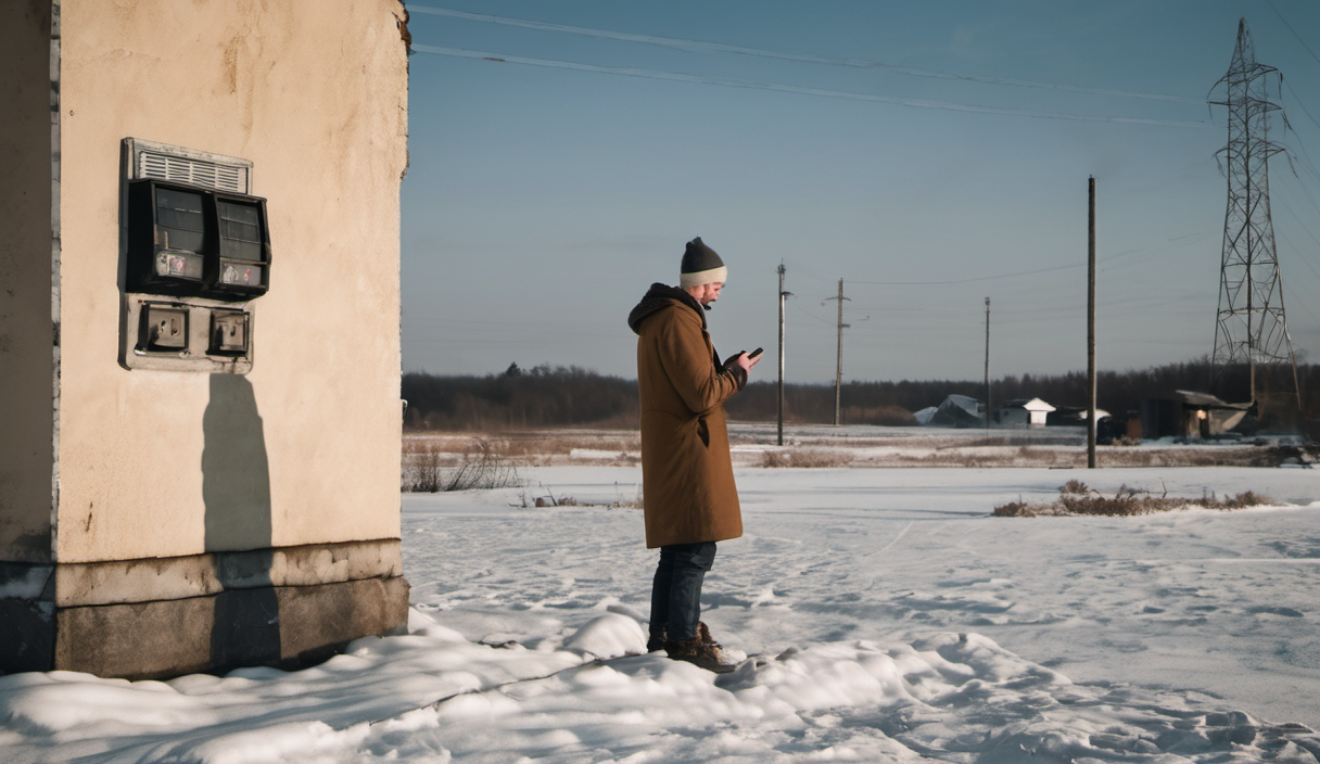 AI-generated image: The image shows a man standing outdoors in a snowy landscape.