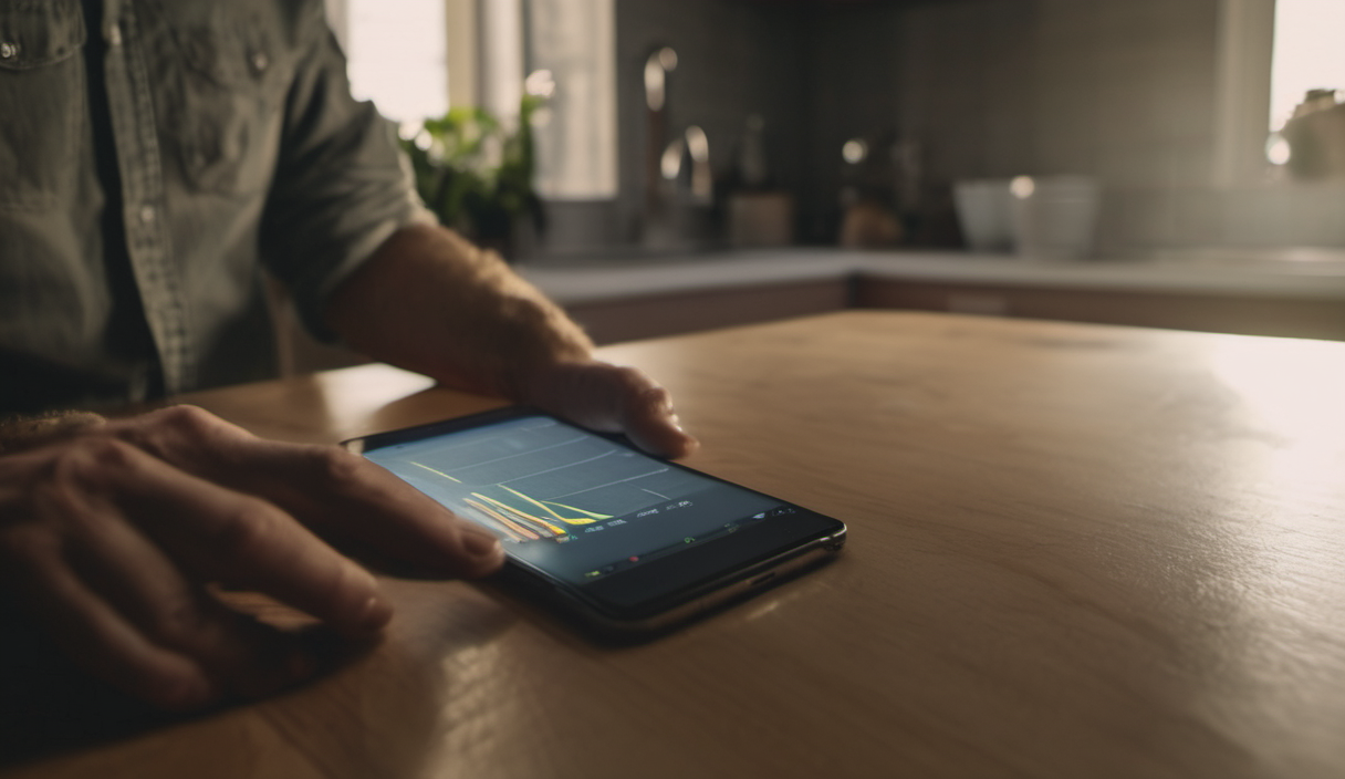 AI-generated image: A man is sitting at a wooden table, using a smartphone.