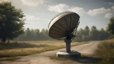 AI-generated image: A large, silver satellite dish is the main subject.