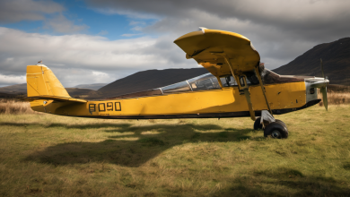 AI-generated image: A yellow single-engine airplane is the main subject.