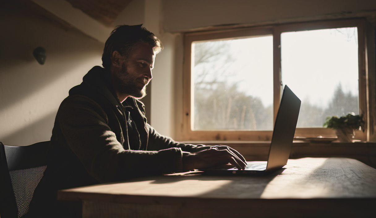 AI-generated image: A man is sitting at a wooden table, working on a laptop.