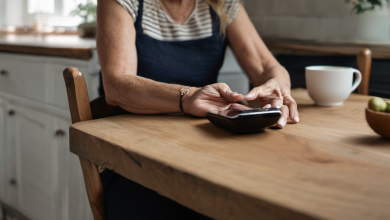 AI-generated image: A woman is sitting at a wooden table, using a smartphone.